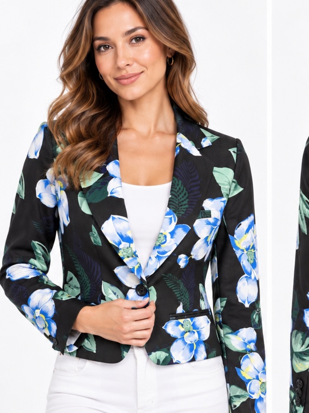 Banana Republic Black Floral Cropped Blazer with Blue & Green Blooms 2P